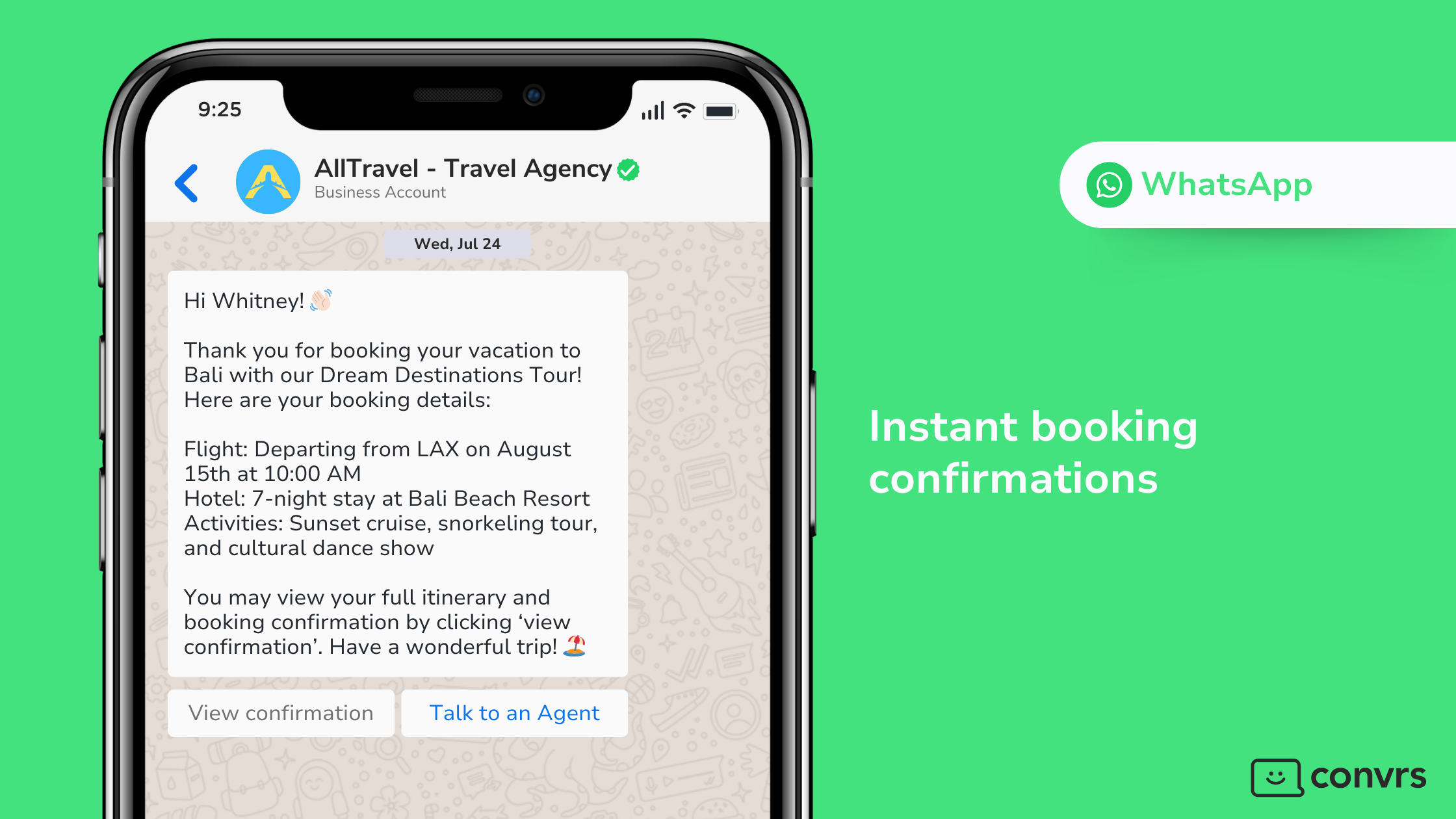 WhatsApp message sent to a customer from a travel agency about booking confirmations